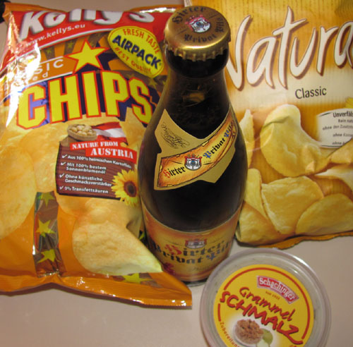 chips bier und schachinger grammelschmalz